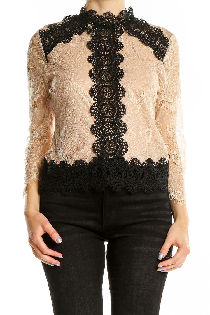 Black Beige Lace Mock Neck Blouse