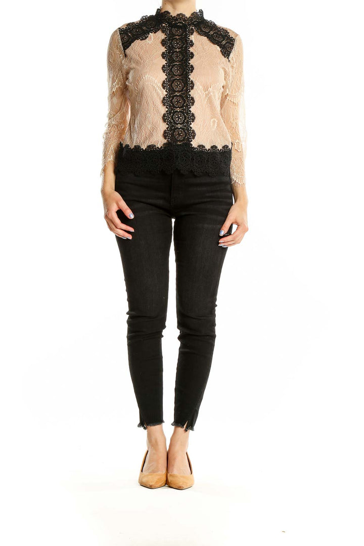 Black Beige Lace Mock Neck Blouse