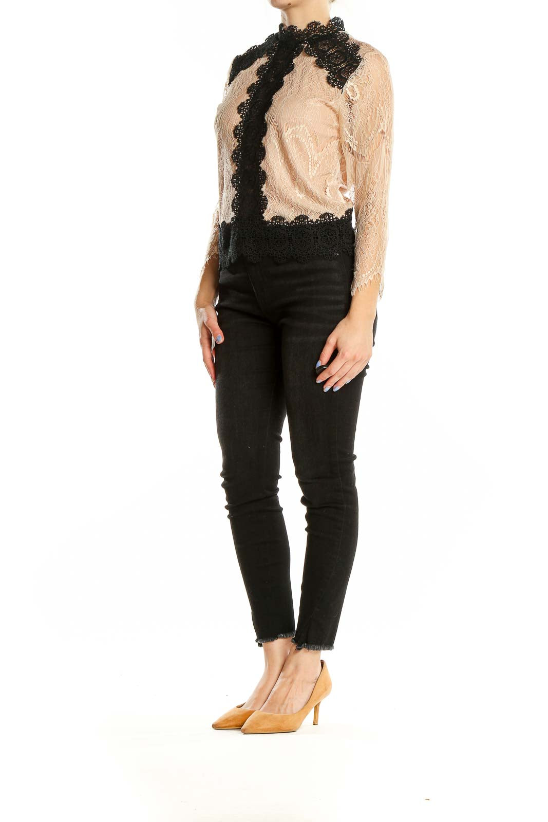 Black Beige Lace Mock Neck Blouse