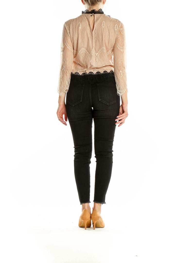 Black Beige Lace Mock Neck Blouse