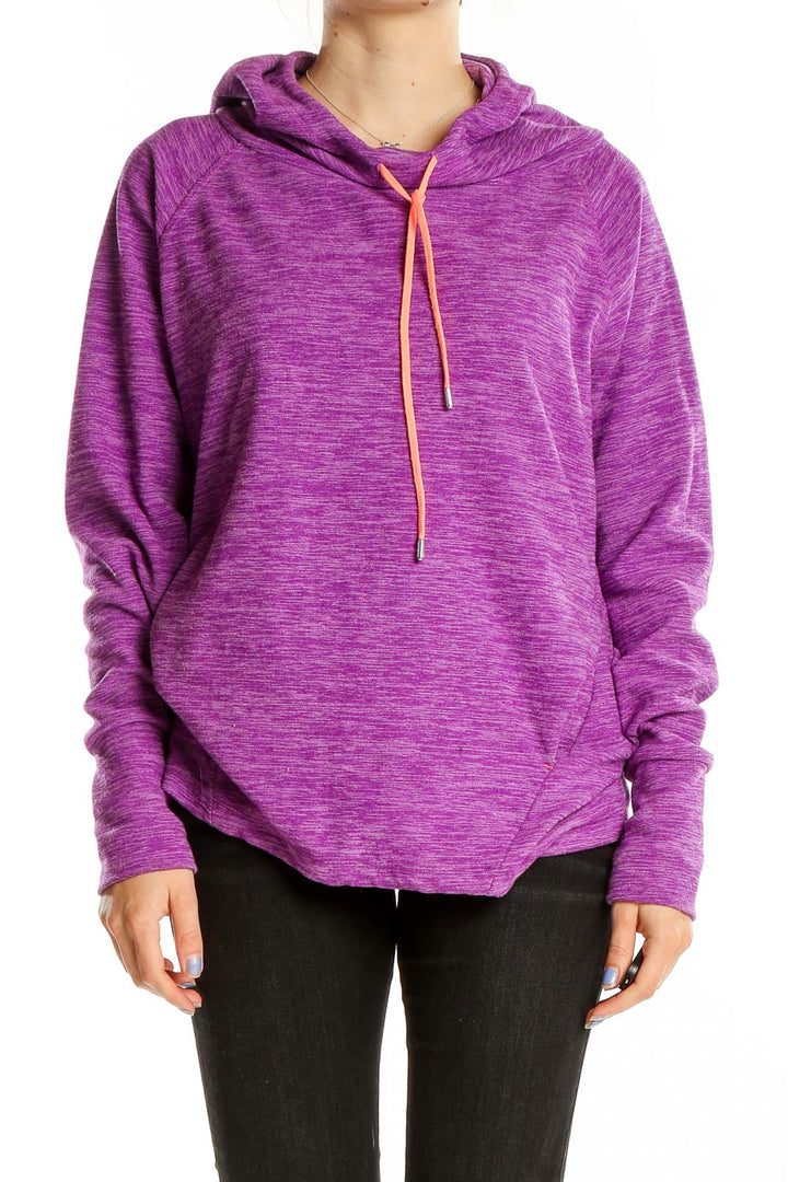 Front view of purple heathered Lukka activewear hoodie with orange drawstrings