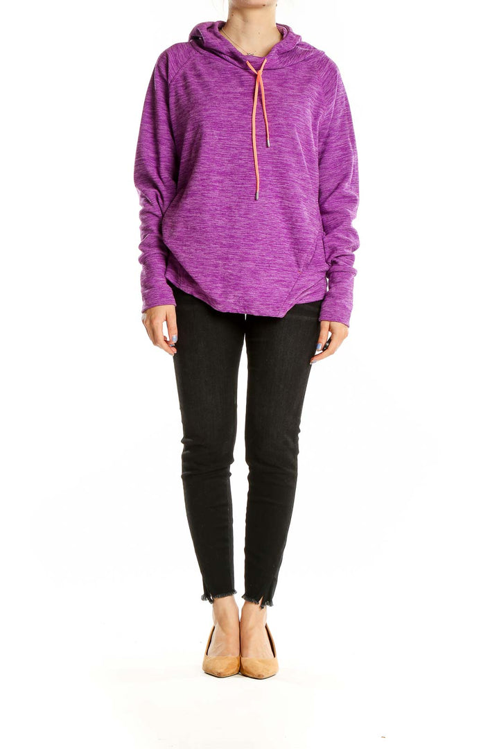 Front view of purple heathered Lukka activewear hoodie with orange drawstrings