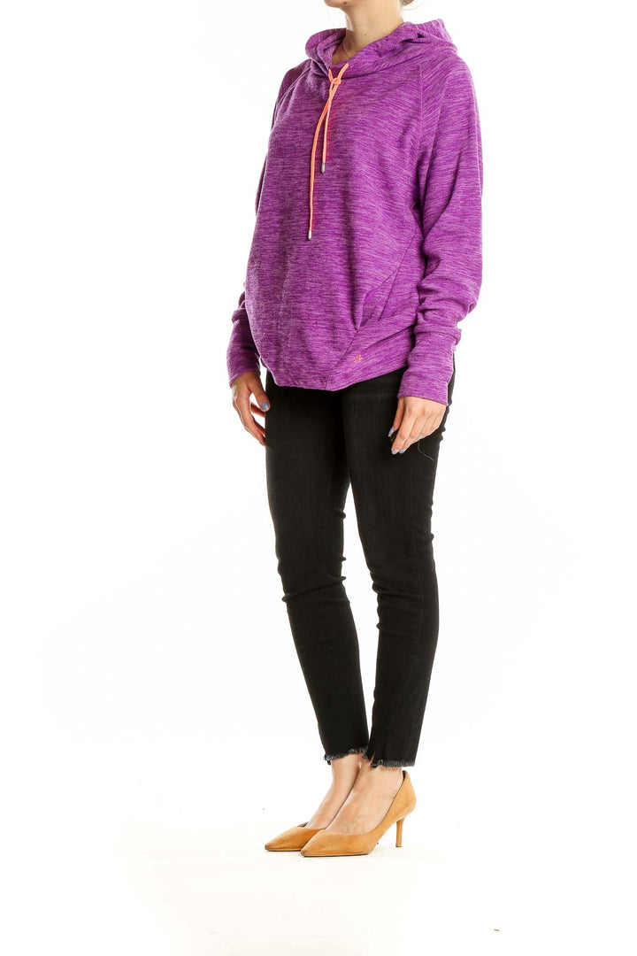 Front view of purple heathered Lukka activewear hoodie with orange drawstrings