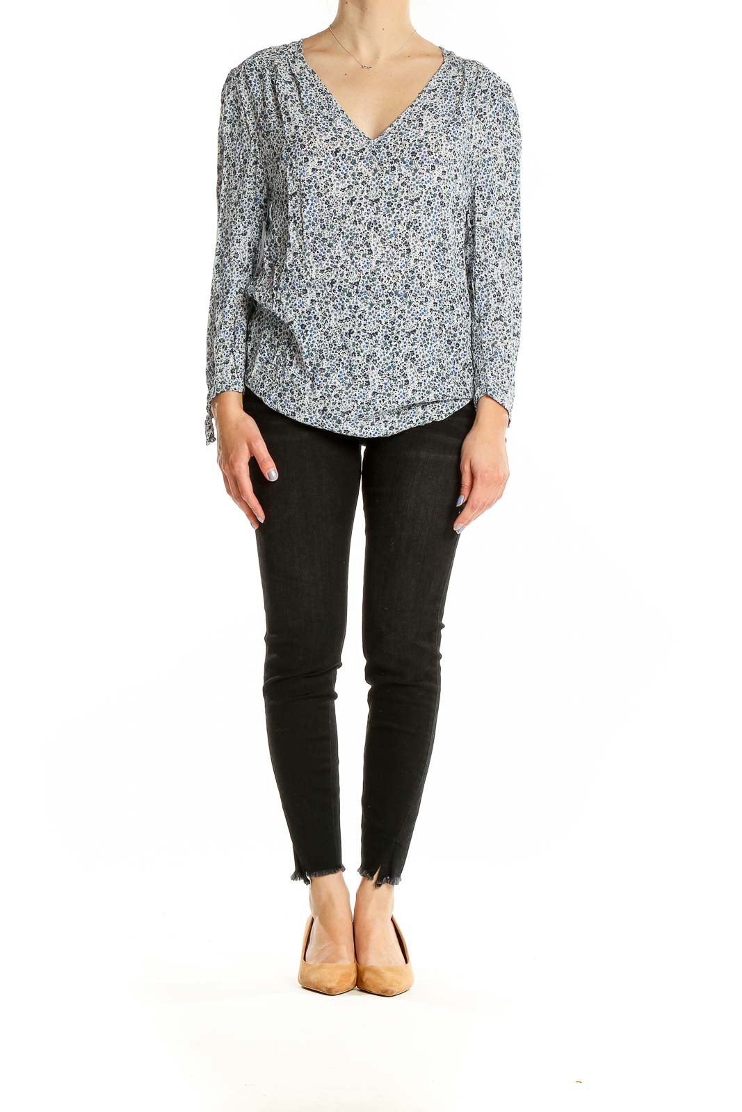 Front view of Cynthia Rowley blue floral print rayon blouse with V-neck