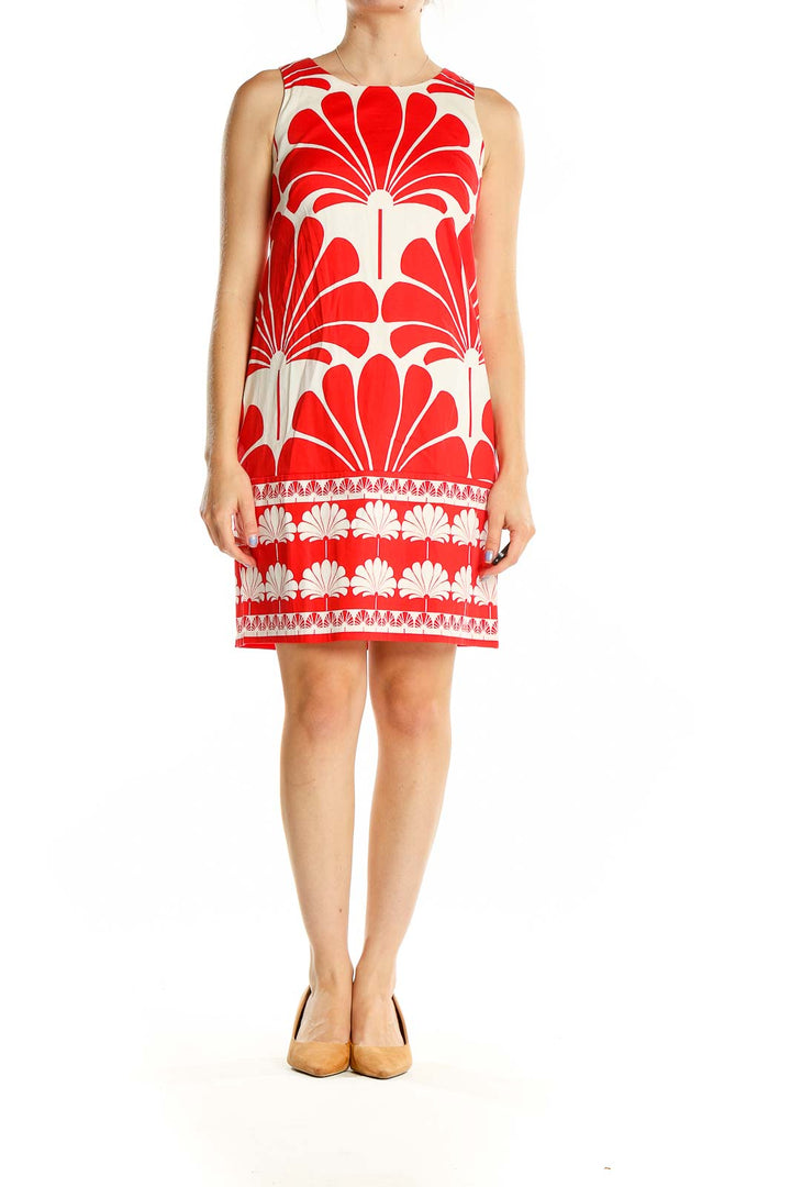 Front view of Red Floral Print Sleeveless Shift Dress by London Times