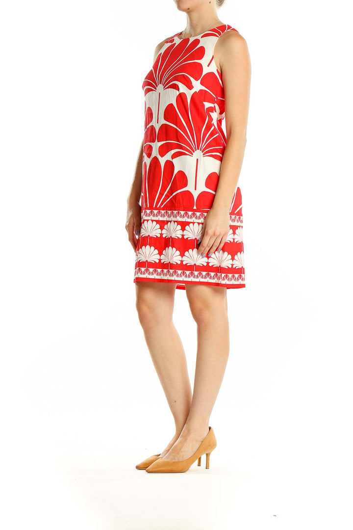 Front view of Red Floral Print Sleeveless Shift Dress by London Times