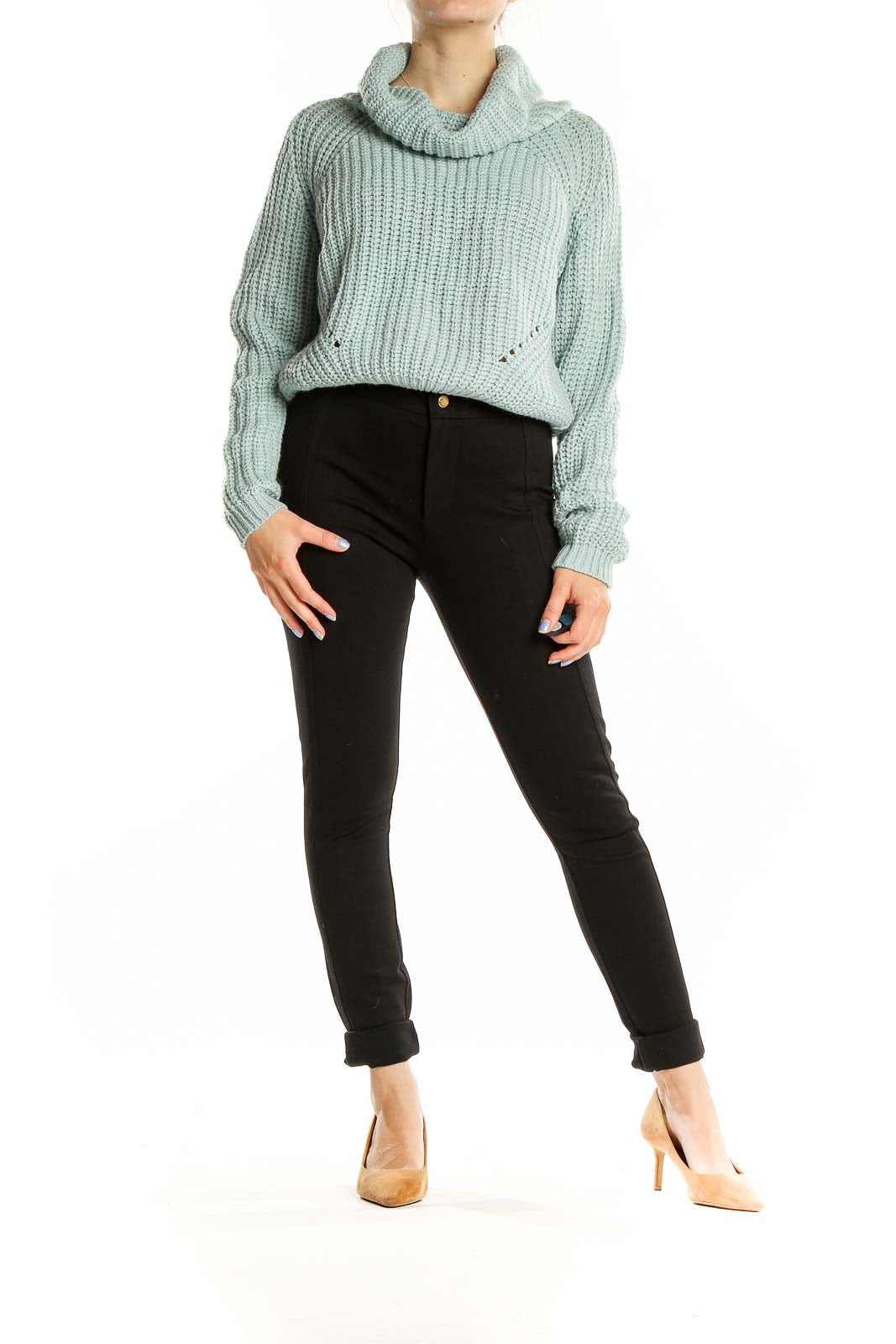 Front view of Moon+Madison mint green chunky knit turtleneck sweater on model