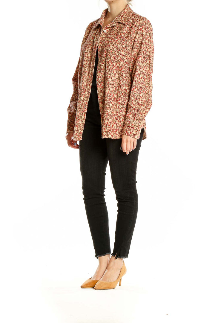 Front view of SilkRoll beige floral print cotton button-up shirt