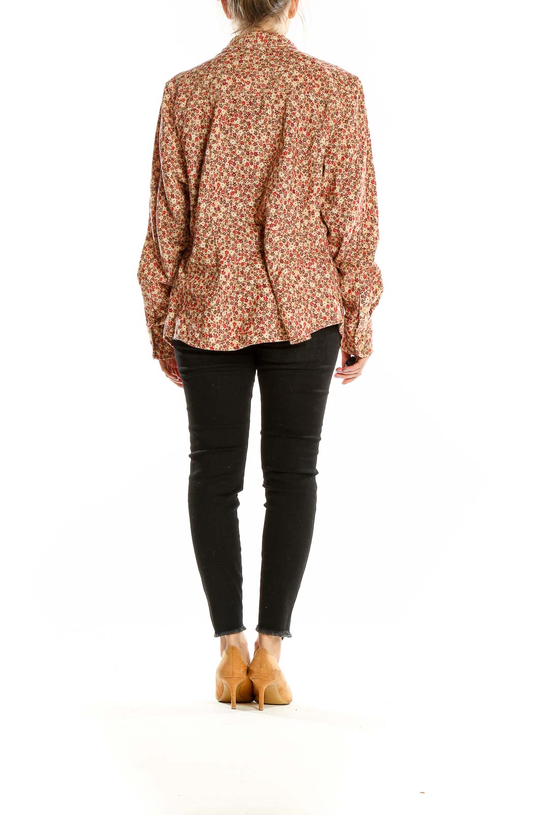 Back view of SilkRoll beige floral print cotton button-up shirt on model