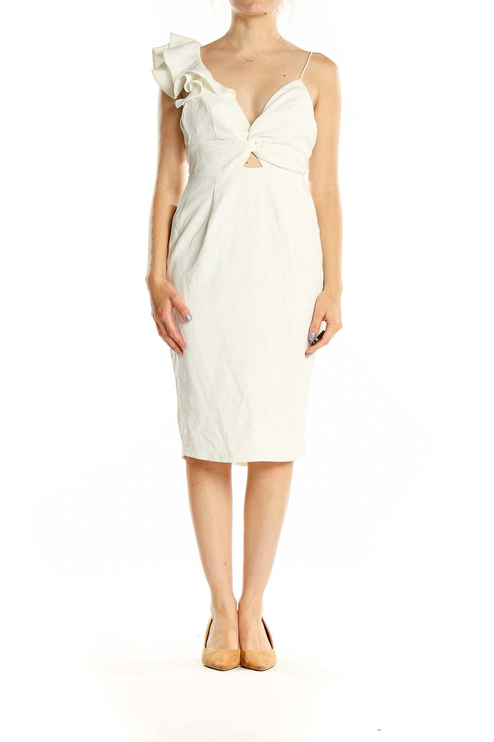 Front view of white asymmetric ruffle cocktail dress with plunging neckline