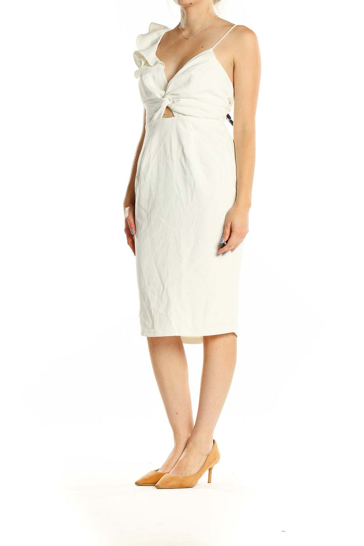 Front view of white asymmetric ruffle cocktail dress with plunging neckline