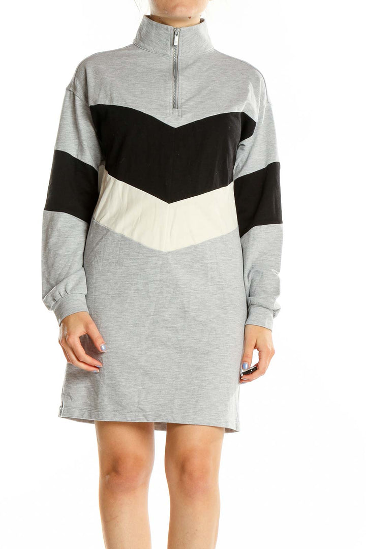 Gray Black Long Sleeve Colorblock Quarter Zip Sweater Dress