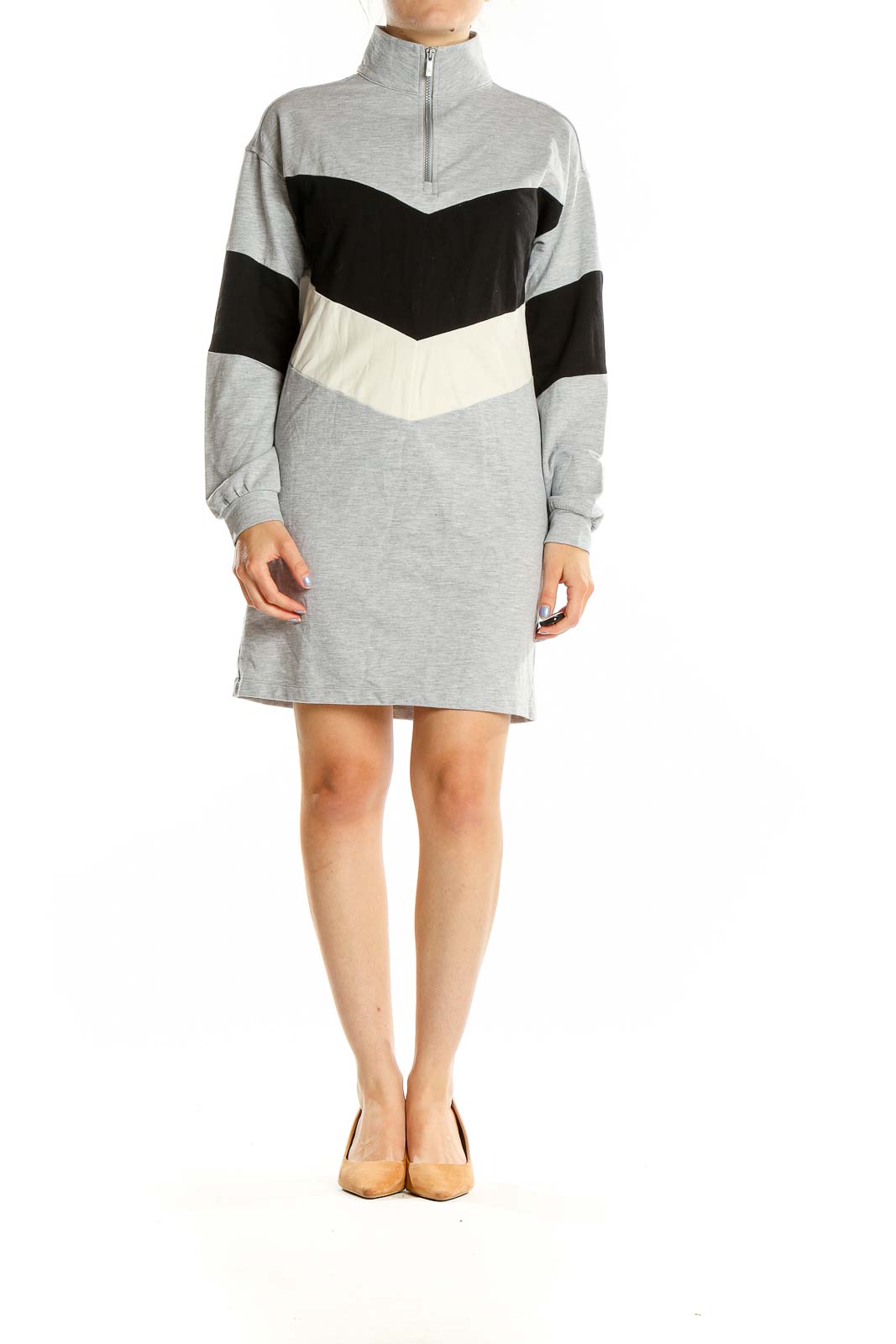 Gray Black Long Sleeve Colorblock Quarter Zip Sweater Dress