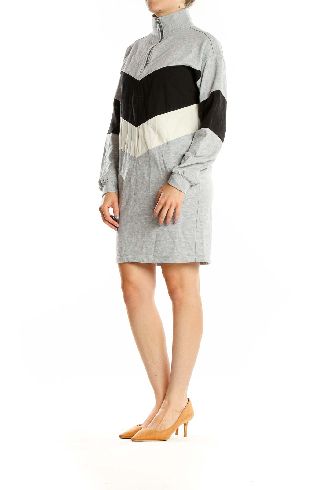 Gray Black Long Sleeve Colorblock Quarter Zip Sweater Dress