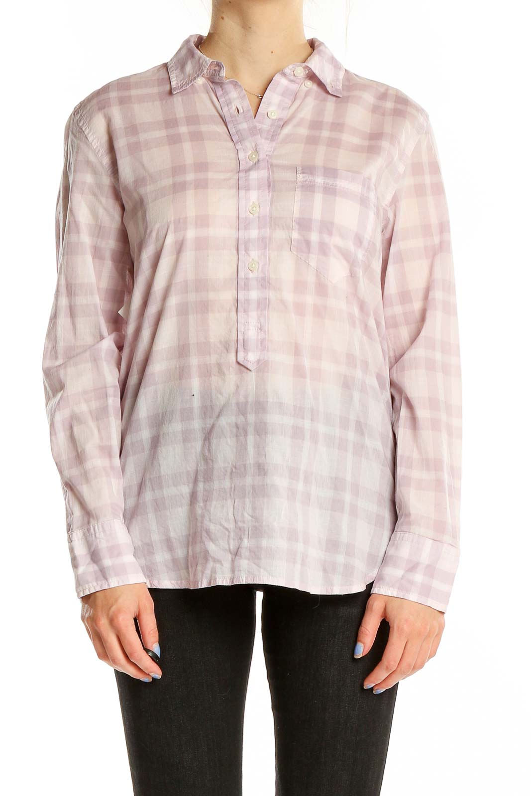 Front view of J.Crew pink plaid cotton button-up shirt on model