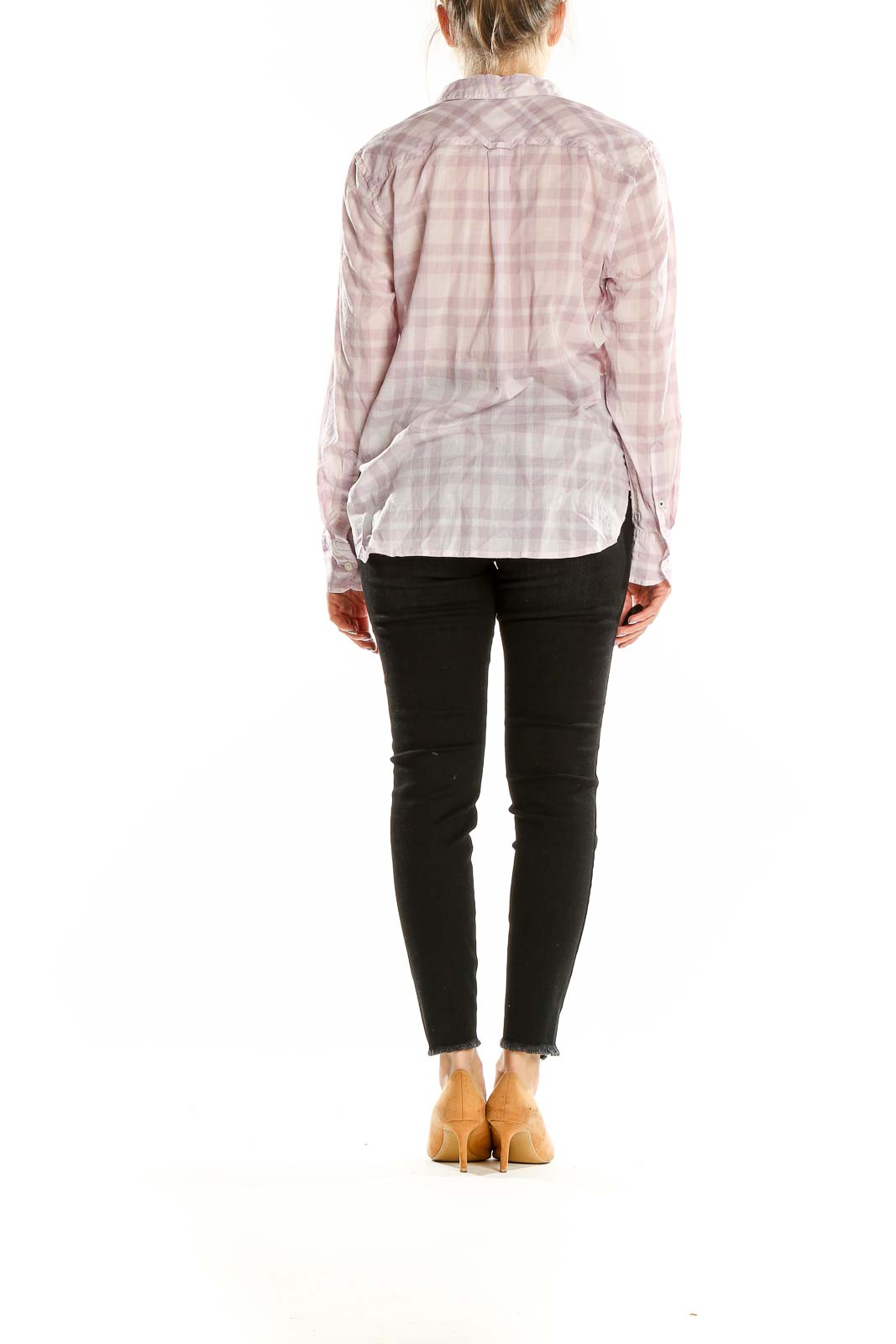 Back view of J.Crew pink plaid cotton button-up shirt on model