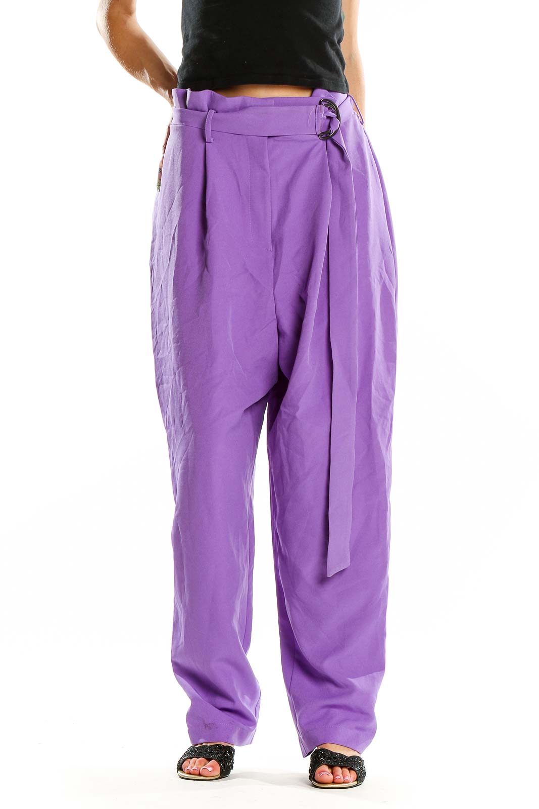 Front view of ASOS purple wide-leg trousers with belt detail