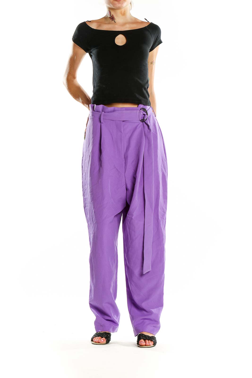 Front view of ASOS purple wide-leg trousers with belt detail