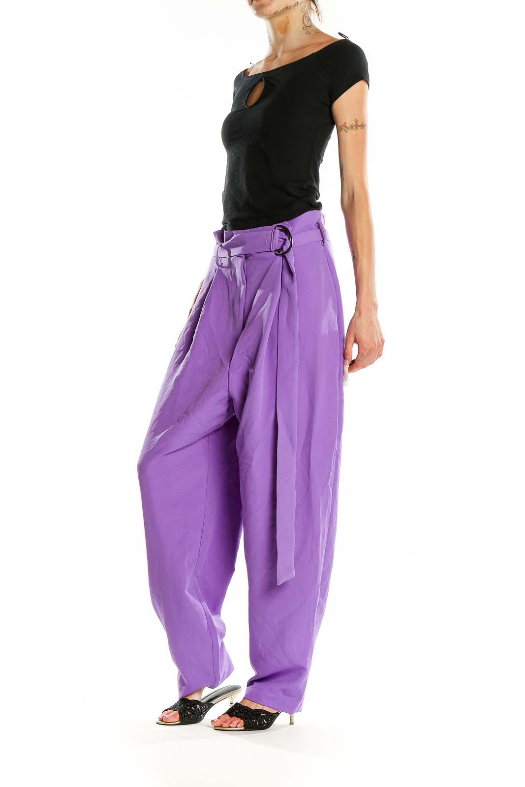 Front view of ASOS purple wide-leg trousers with belt detail