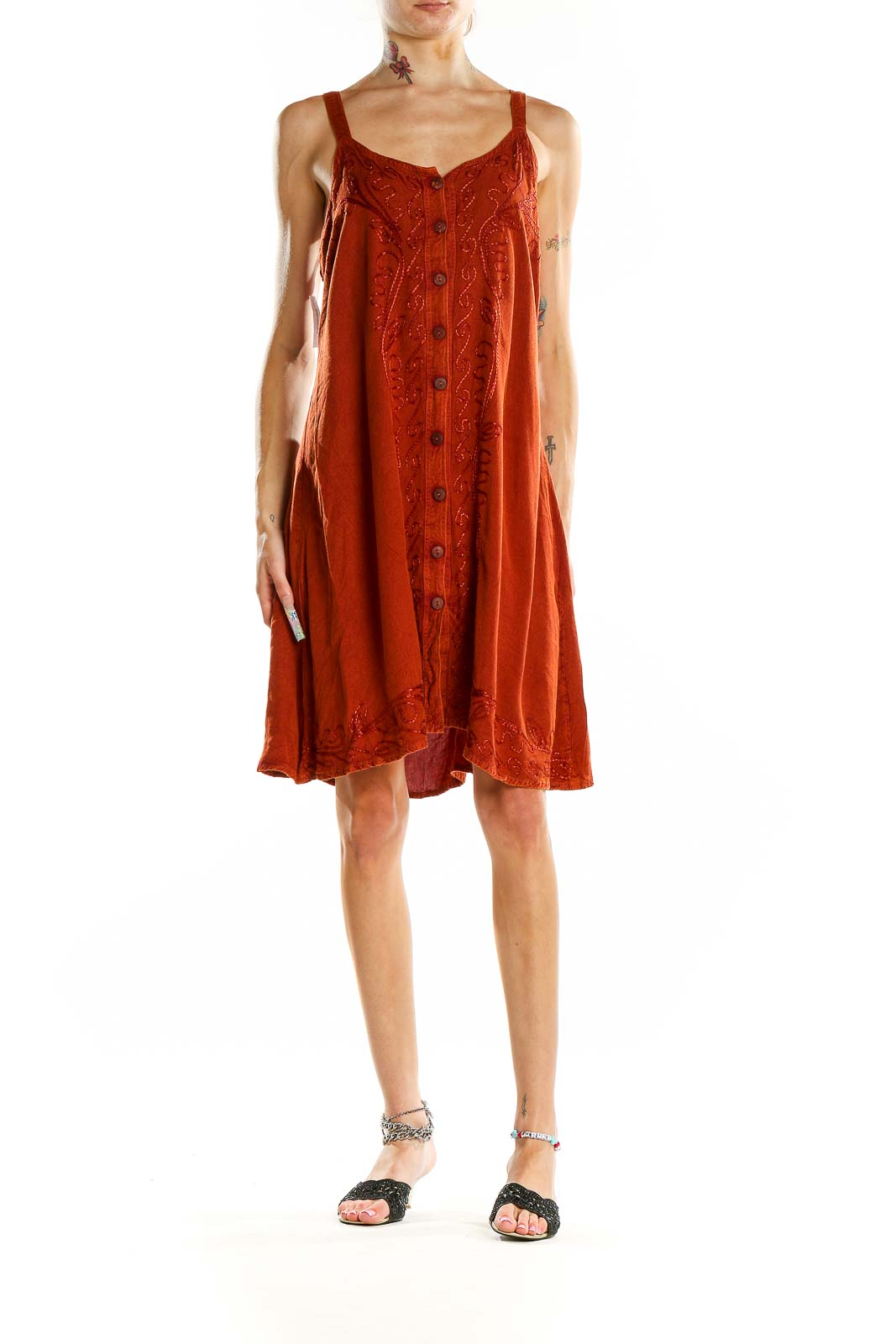 Front view of rust-colored JackPot sundress with embroidery and button-front design