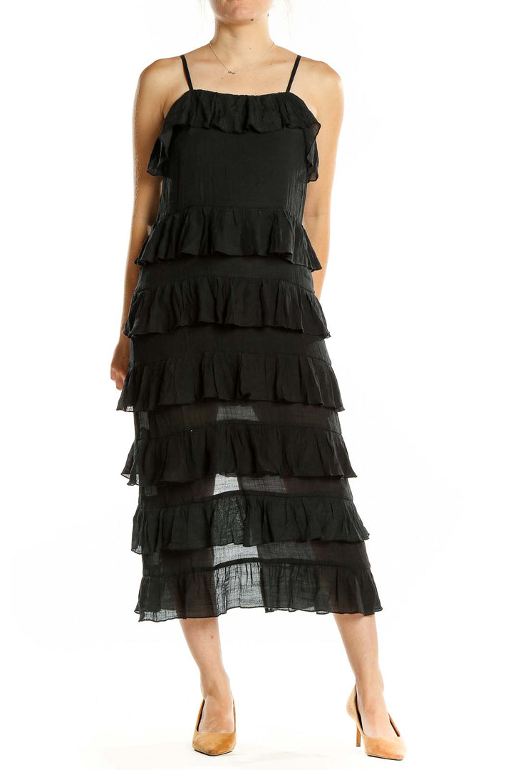 Black Square Neck Tiered Ruffle Midi Dress