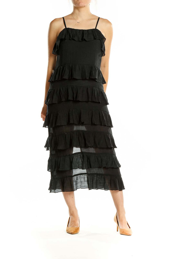 Black Square Neck Tiered Ruffle Midi Dress