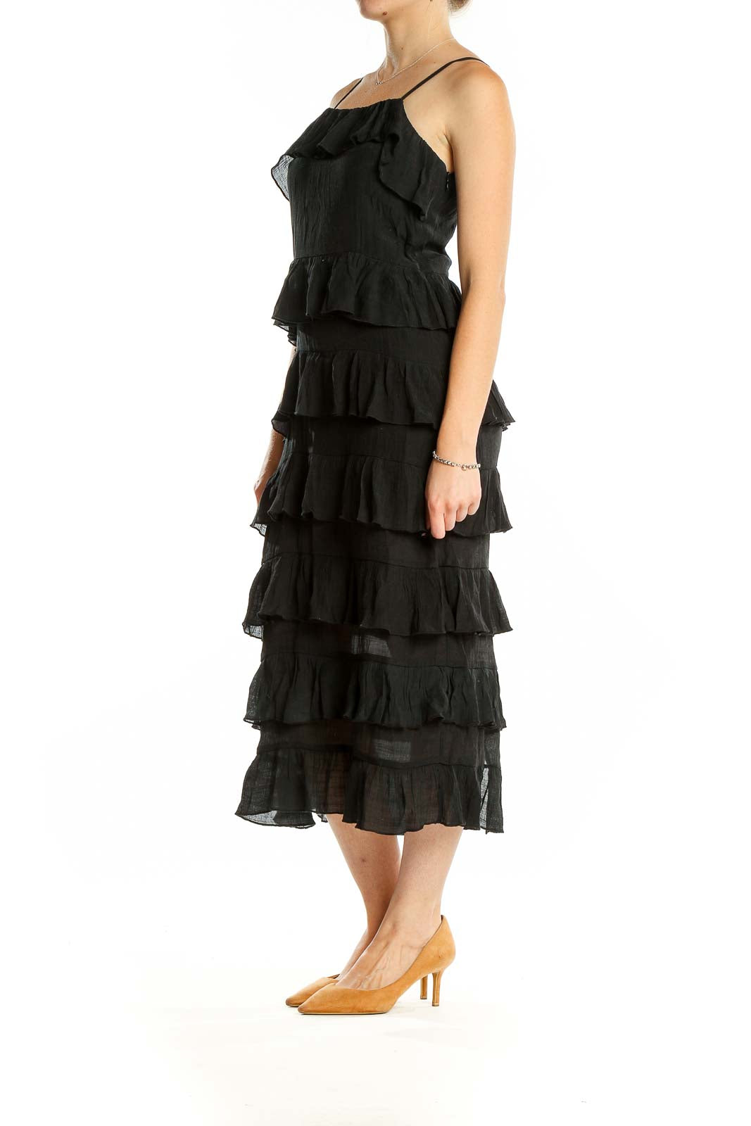 Black Square Neck Tiered Ruffle Midi Dress