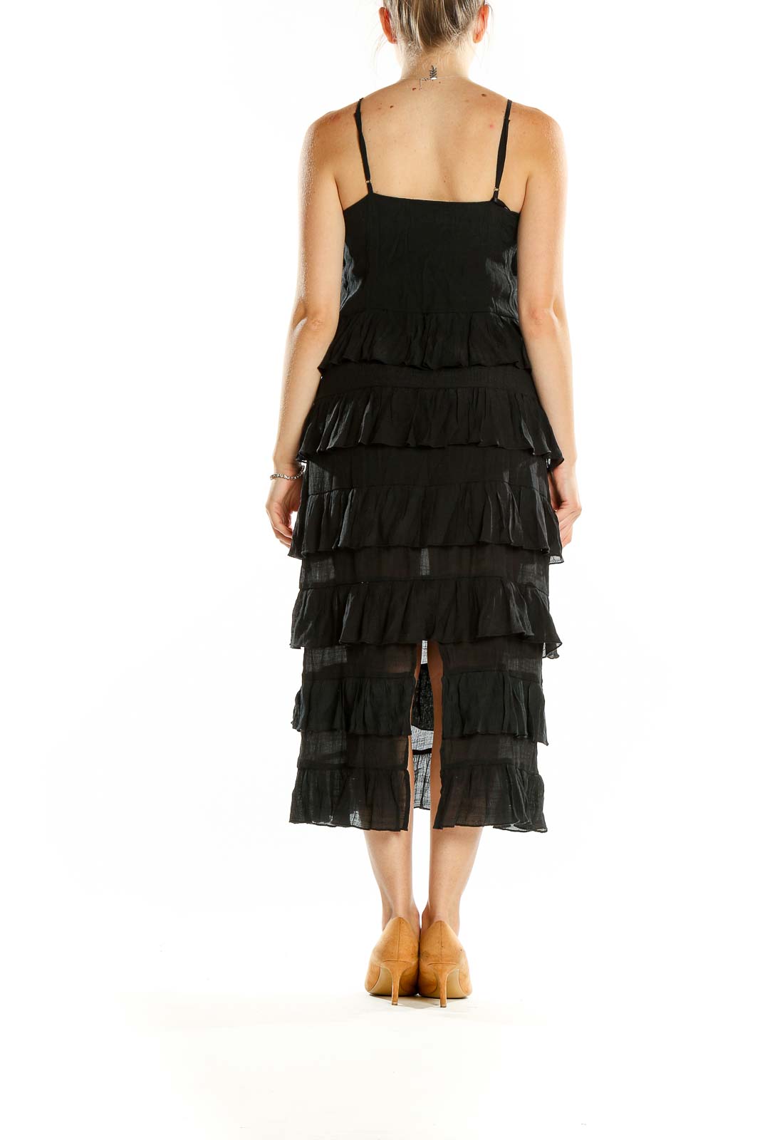 Black Square Neck Tiered Ruffle Midi Dress