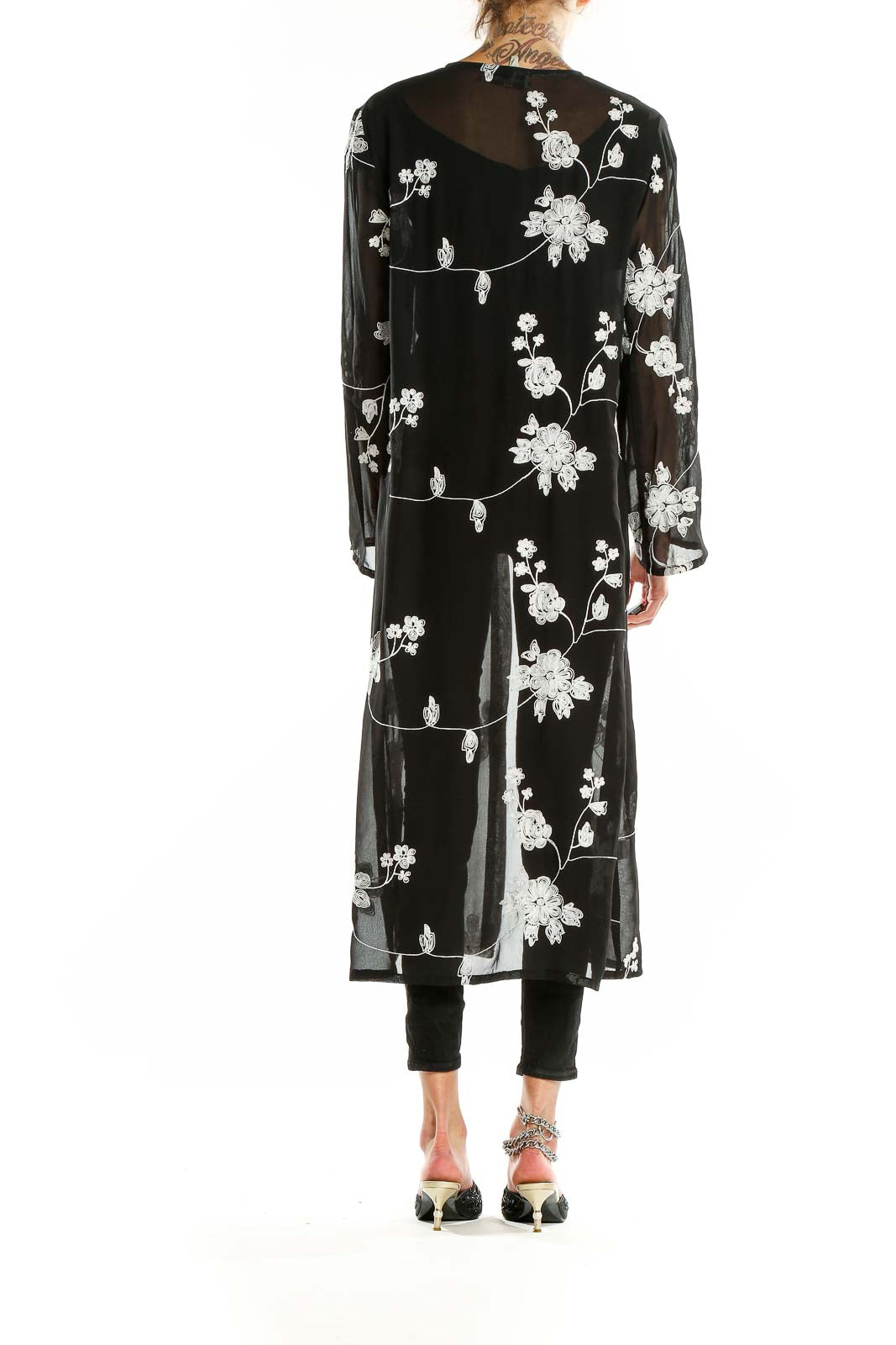 Black Floral Embroidered Long Sheer Cardigan