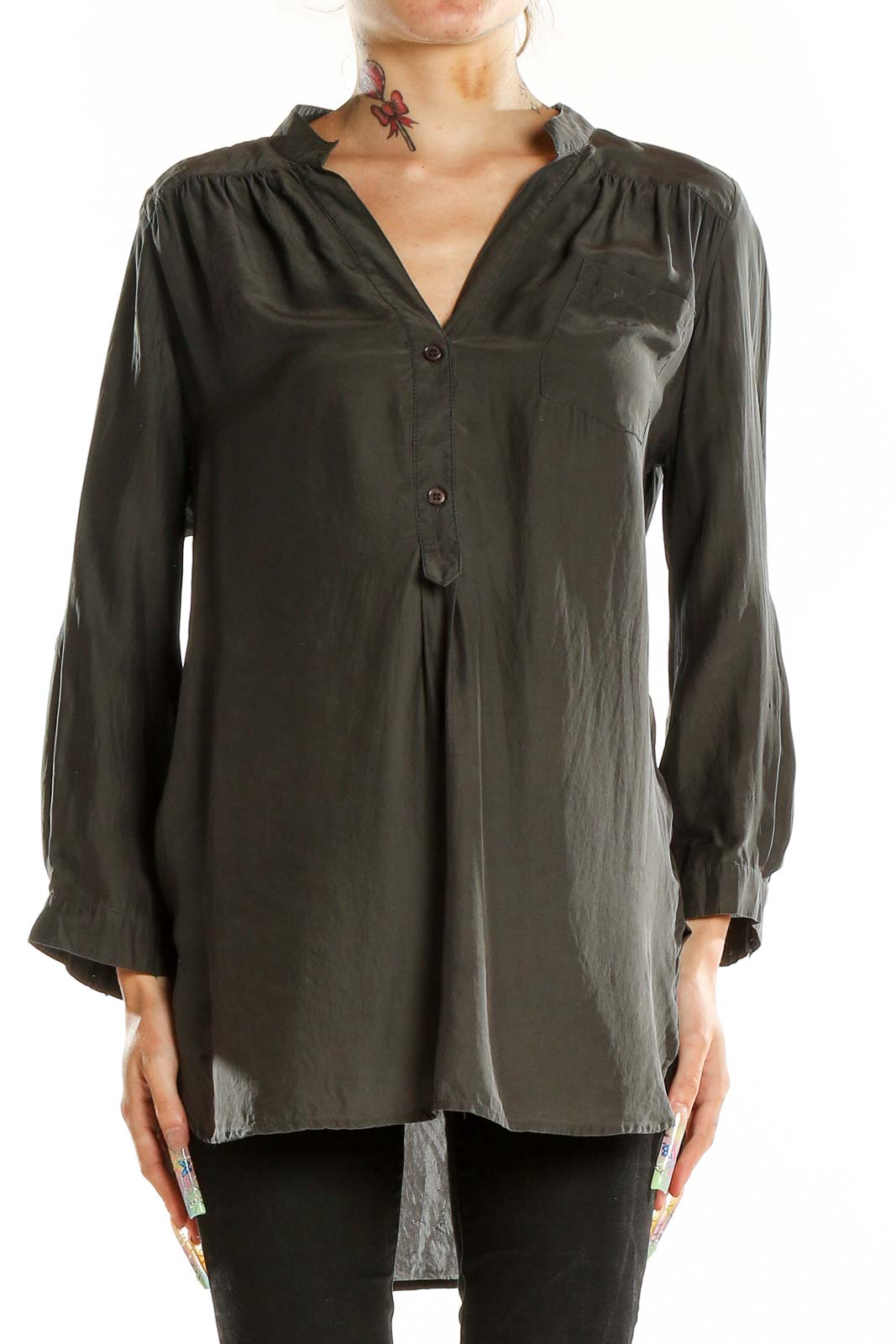 Front view of Bellatrix olive silk tunic top with V-neck and partial button-up