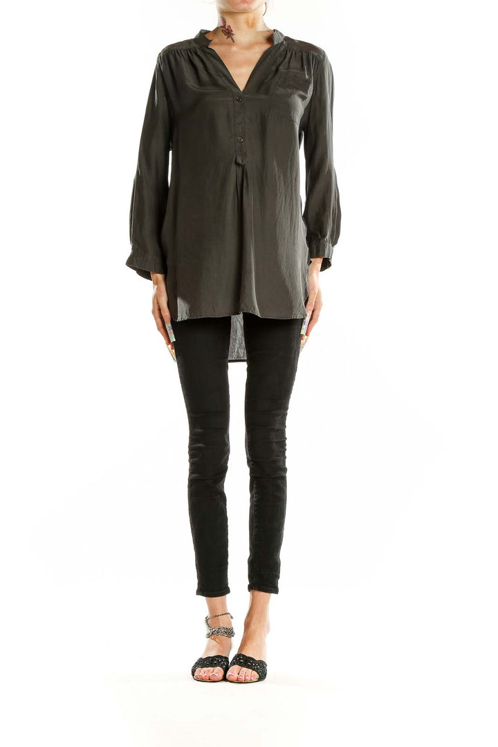 Front view of Bellatrix olive silk tunic top with V-neck and partial button-up