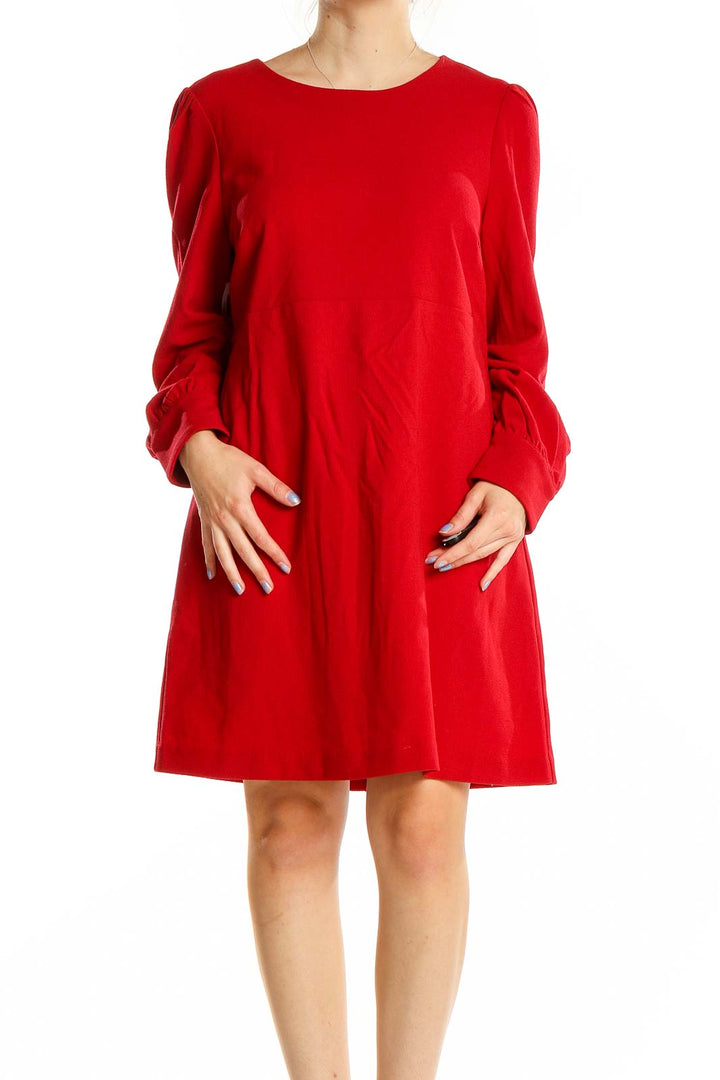 Front view of red Chelsea28 long sleeve shift dress