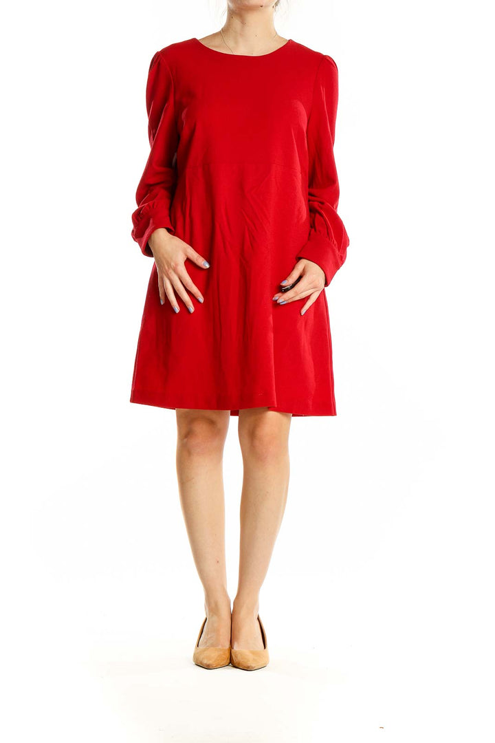 Front view of red Chelsea28 long sleeve shift dress