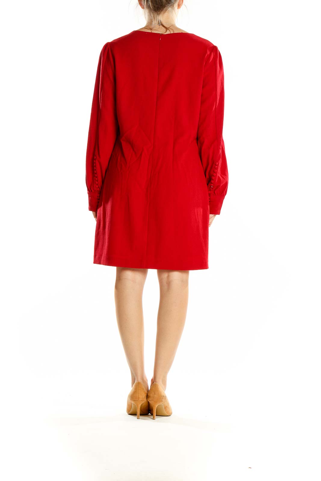 Back view of red Chelsea28 long sleeve shift dress