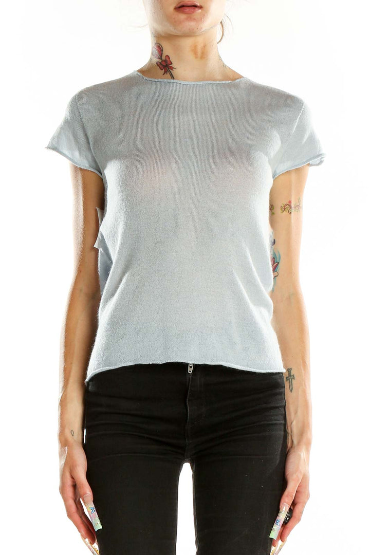 Front view of Armani Collezioni light blue short sleeve knit top