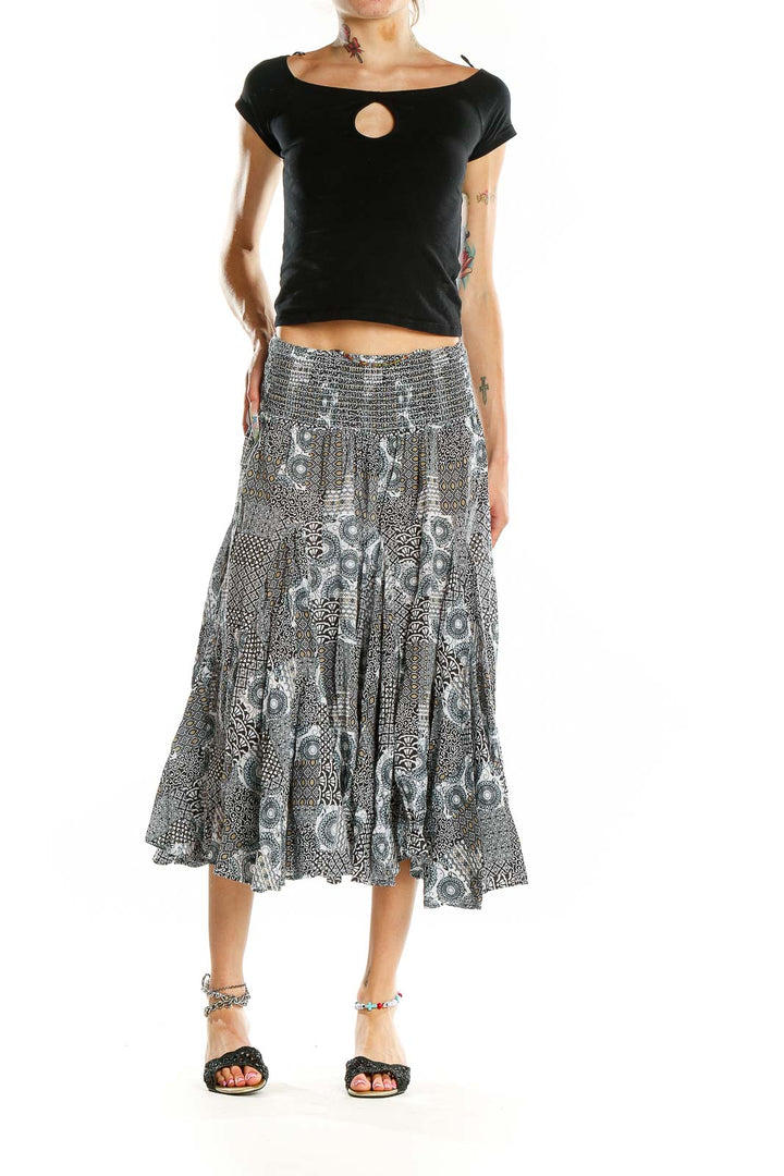 Front view of Chelsea & Theodore black and white patterned cotton midi skirt