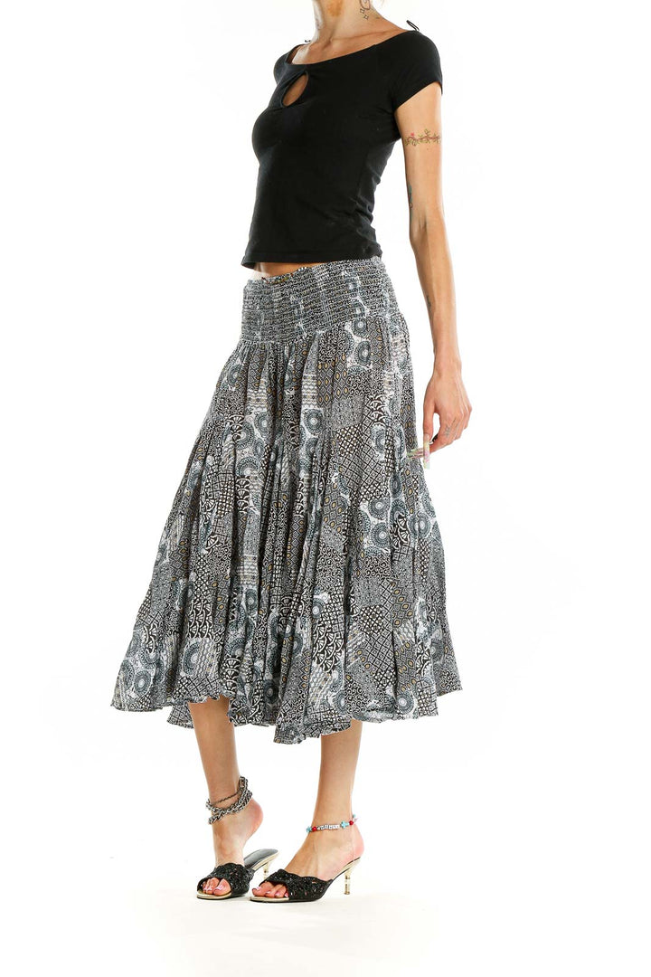 Front view of Chelsea & Theodore black and white patterned cotton midi skirt