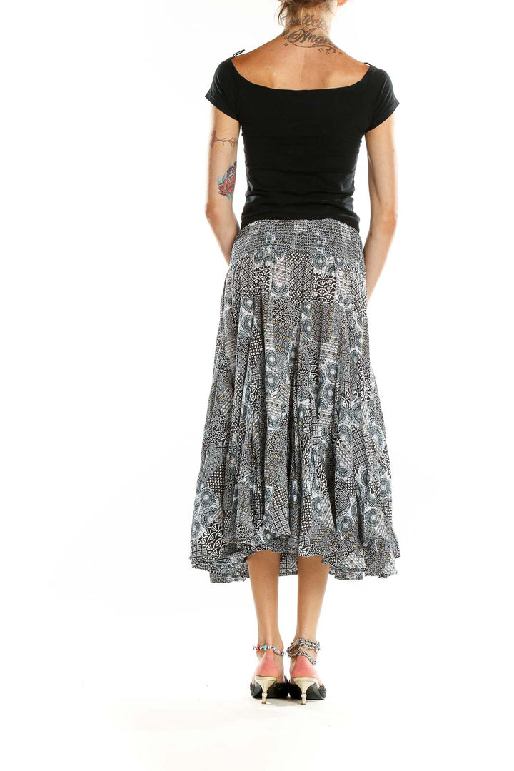 Back view of Chelsea & Theodore black and white patterned cotton midi skirt