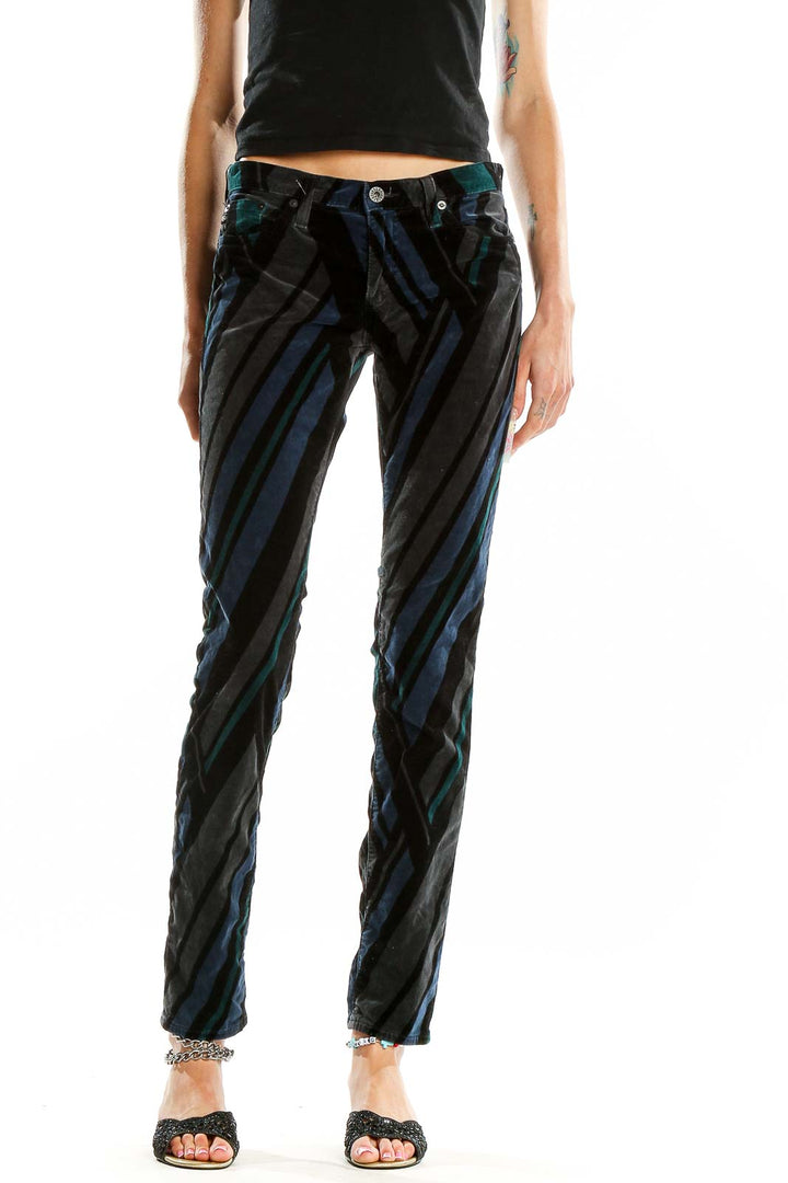 Black Blue Slim Striped Textured Pants