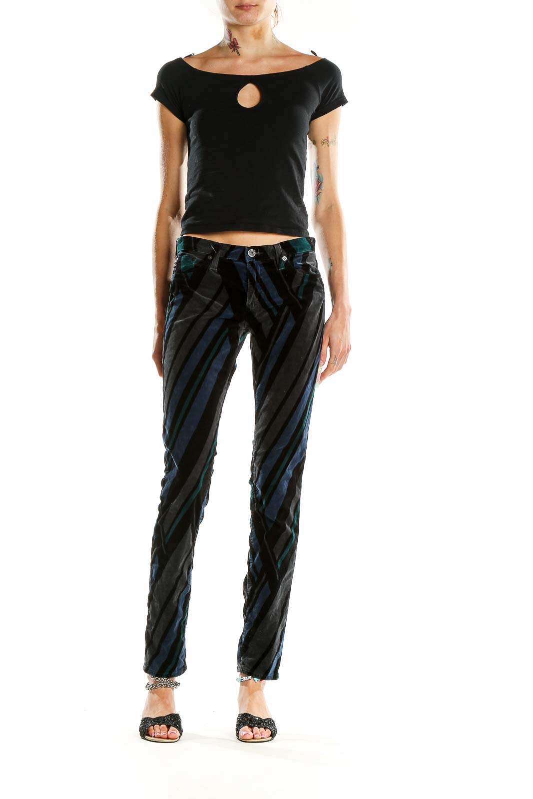 Black Blue Slim Striped Textured Pants