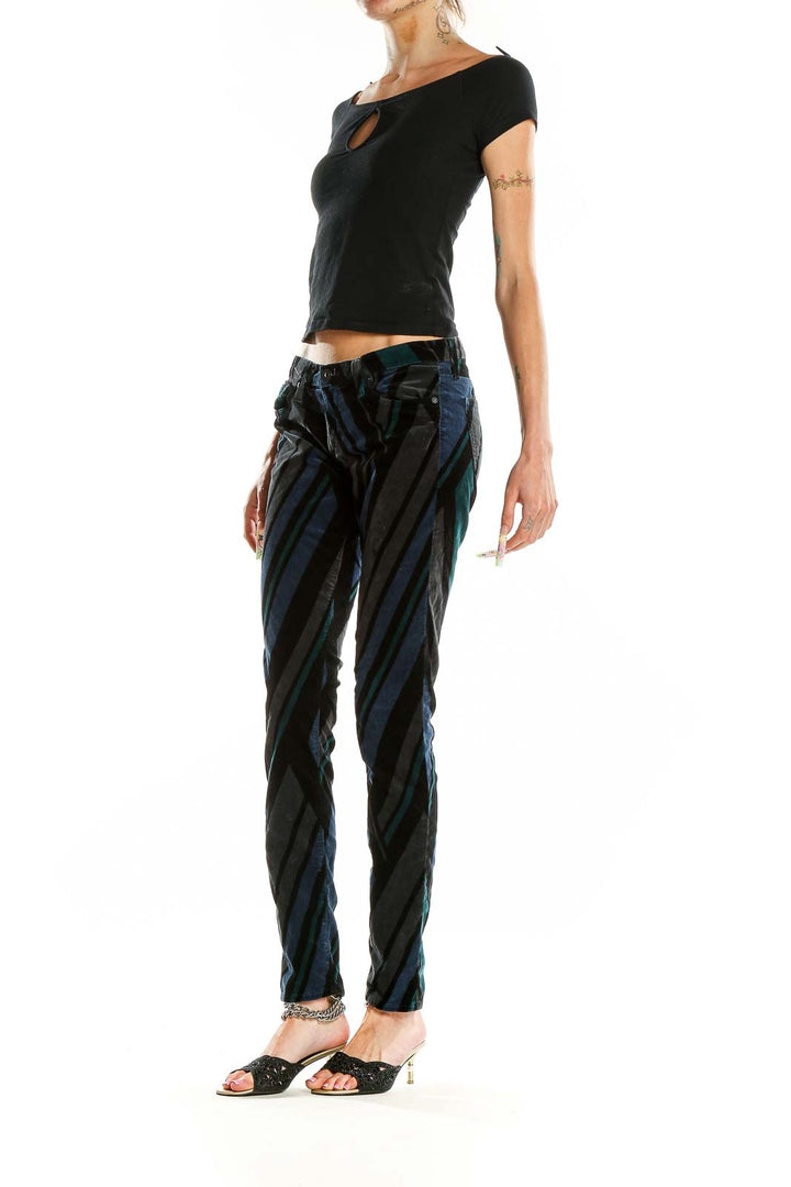 Black Blue Slim Striped Textured Pants