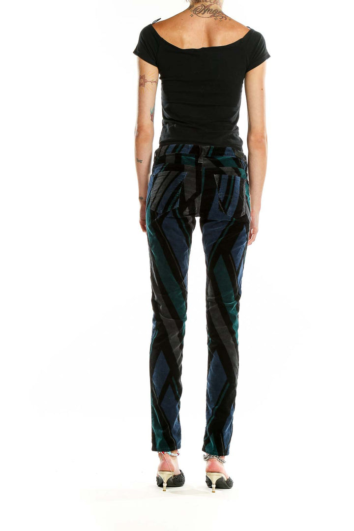 Black Blue Slim Striped Textured Pants