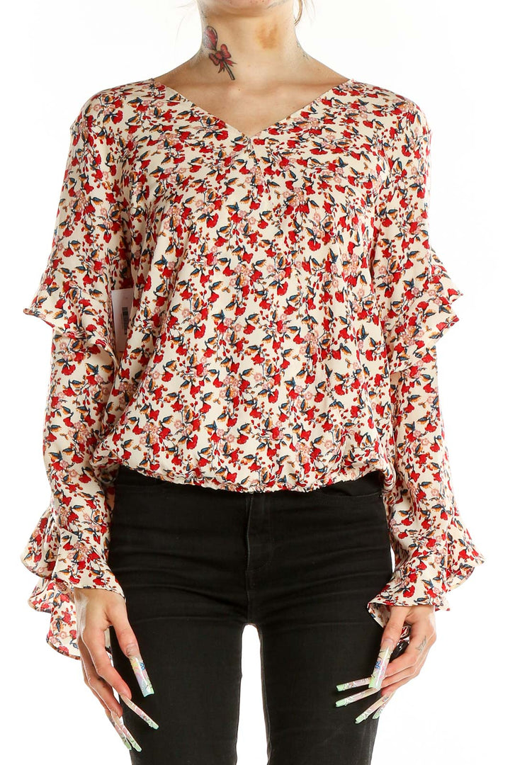 Red White Long Sleeve Ruffled Floral Print Blouse