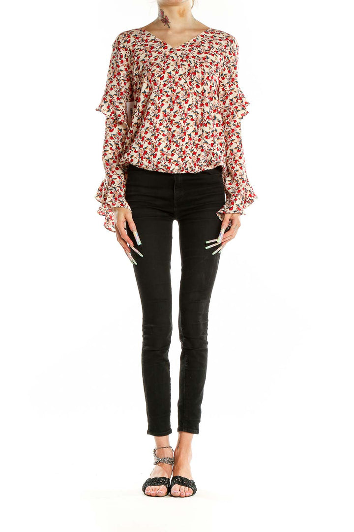 Red White Long Sleeve Ruffled Floral Print Blouse