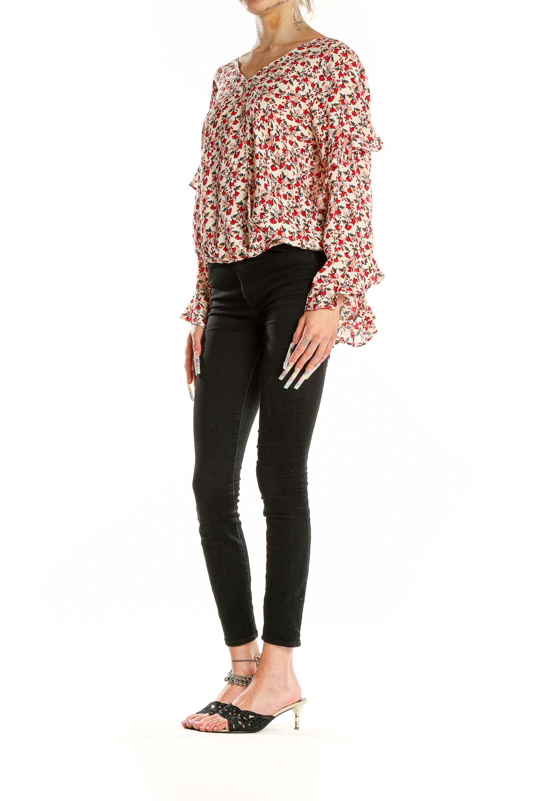 Red White Long Sleeve Ruffled Floral Print Blouse