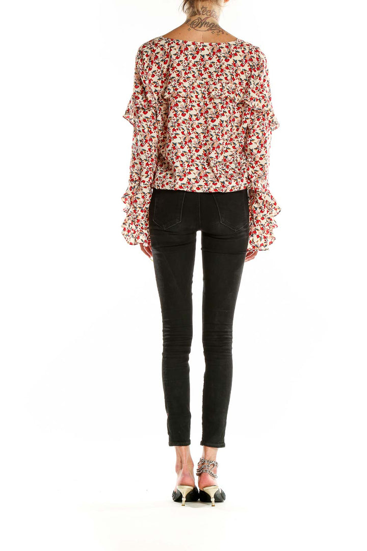 Red White Long Sleeve Ruffled Floral Print Blouse