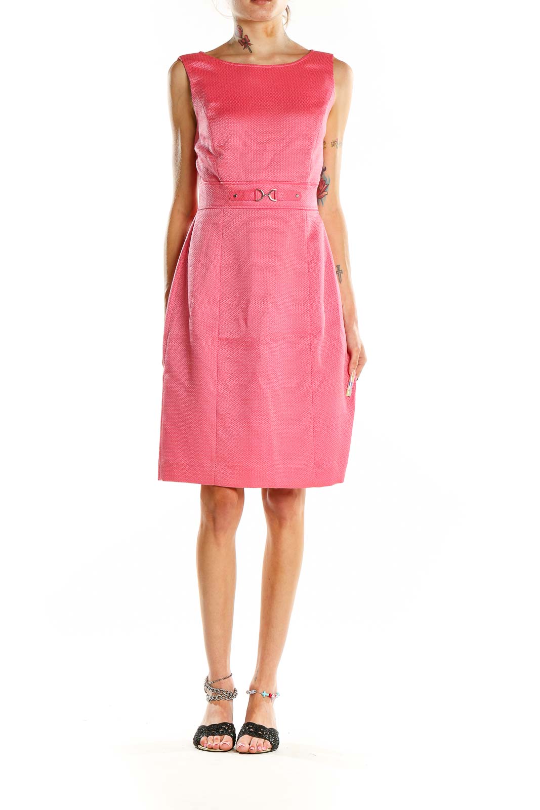 Front view of pink textured sleeveless midi dress with belt detail