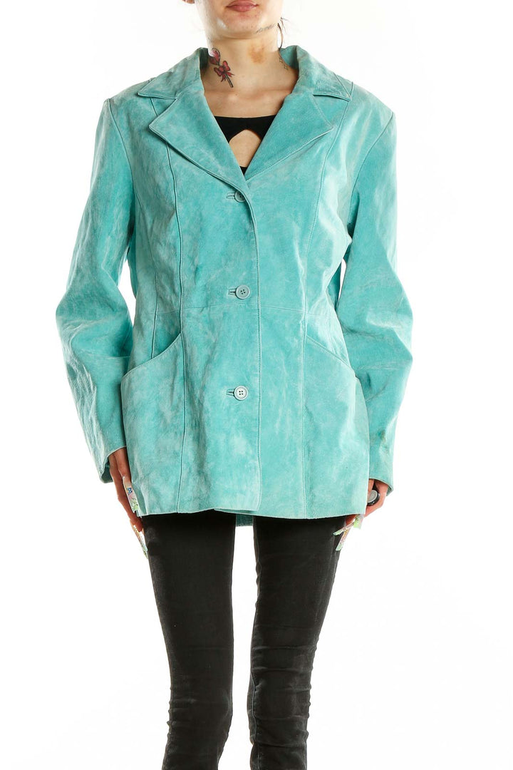 Front view of turquoise suede button-up jacket by Dialogue