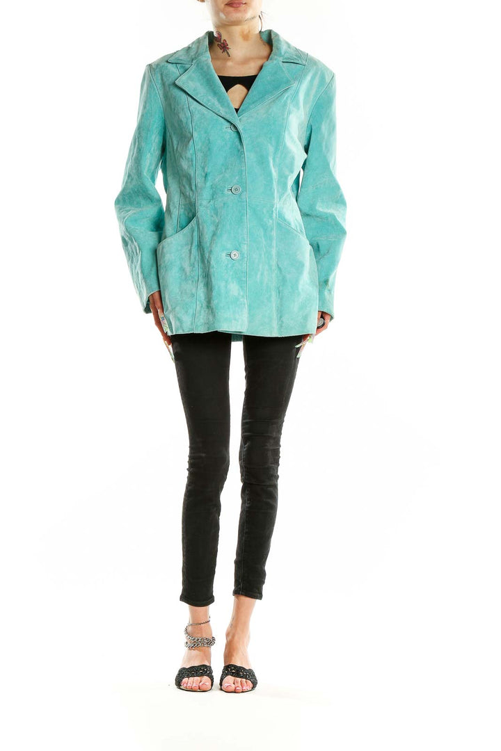 Front view of turquoise suede button-up jacket by Dialogue