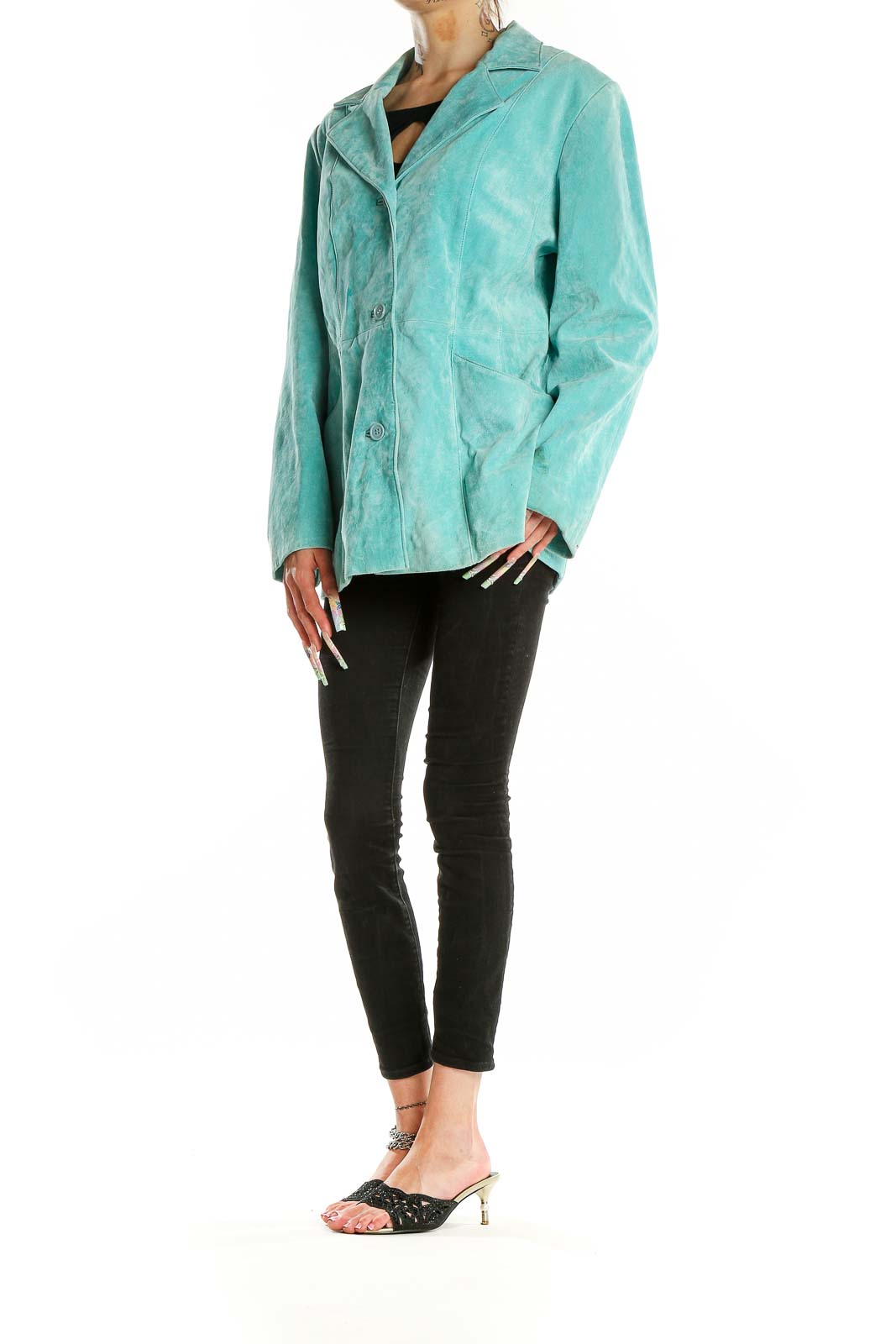 Front view of turquoise suede button-up jacket by Dialogue